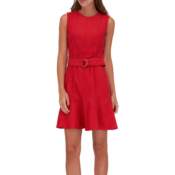 Akris Punto Dresses & Skirts - $995 Akris Punto Red Cotton Denim Zip-Front Belted Denim Dress Size 12